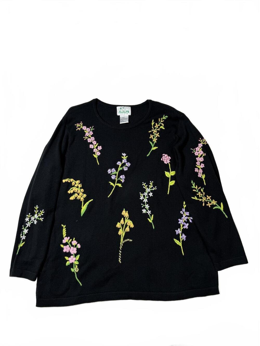 90s The Quaker Factory Black Sweater With Spring Embroidered Flowers Size 1X